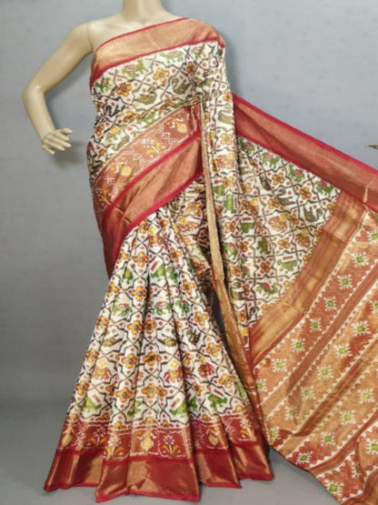 Pure Handloom Pochampally Ikat - Tissue Silk Creme Multi Figure cross Pattern