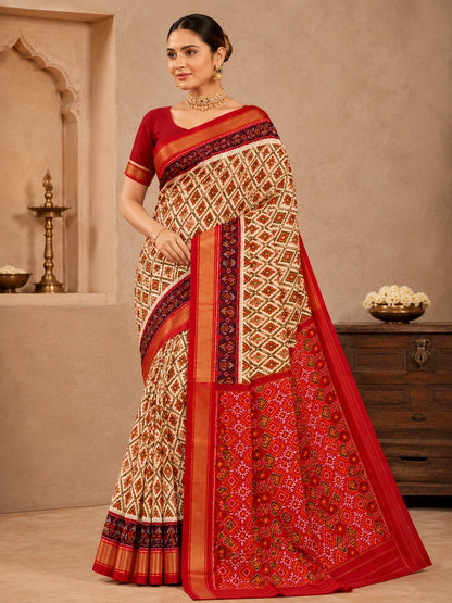 Pure Handloom Pochampally Ikat - Geometric Pattern Ivory-Red-Maroon