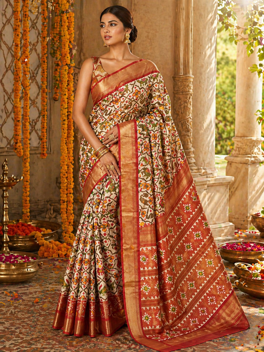 Pure Handloom Pochampally Ikat - Tissue Silk Creme Multi Figure cross Pattern