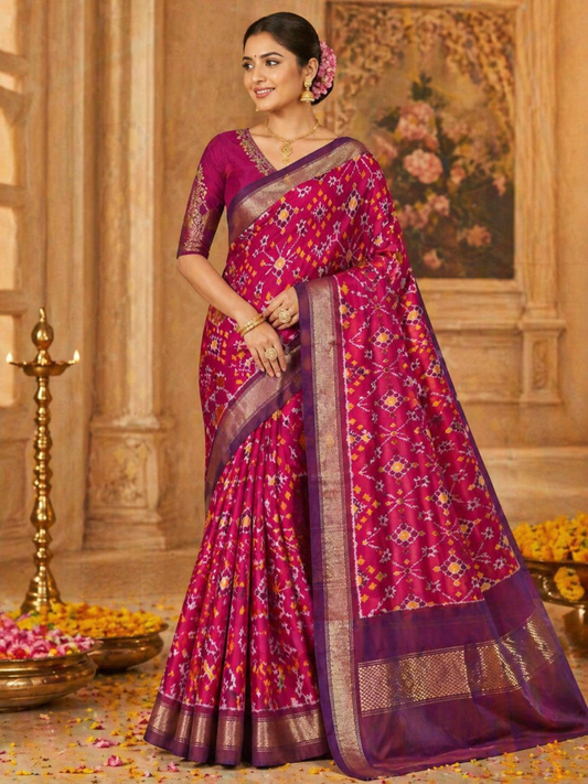 Pure Handloom Pochampally Ikat - Patola style Pink & Purple