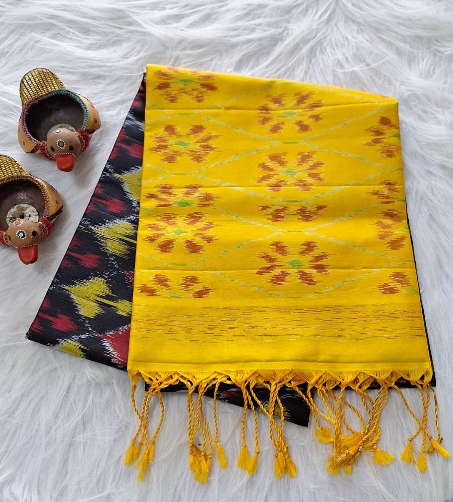 Pure Handloom Soft Silk - Black-Yellow  Pochampalli Ikkat print