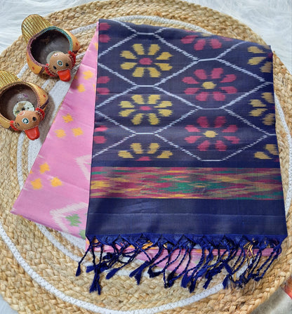 Pure Handloom Soft Silk-Baby Pink-Navy Blue Pochampally Ikat pattern