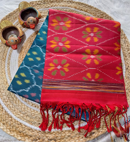 Pure Handloom Soft Silk - Teal Blue-Red Pochampally Ikat pattern
