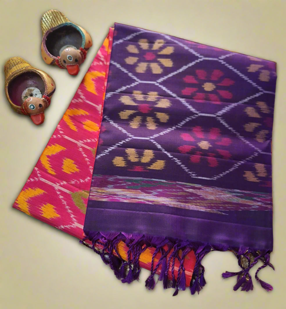 Pure Handloom Soft Silk - Orange-Purple Pochampally Ikat pattern