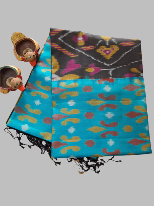 Pure Handloom Soft Silk - Blue-Black Pochampalli Ikkat print