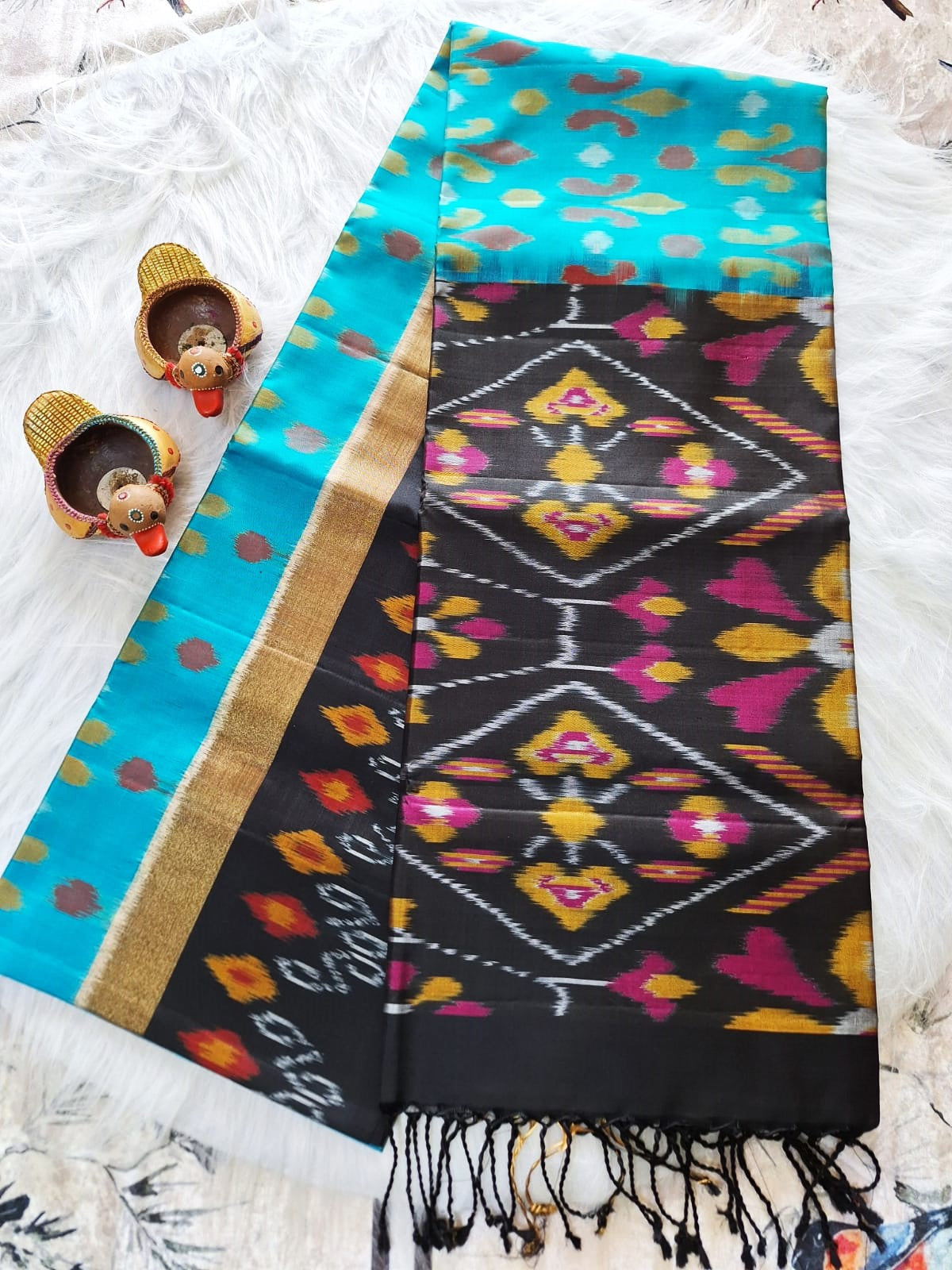 Pure Handloom Soft Silk - Blue-Black Pochampally Ikat pattern