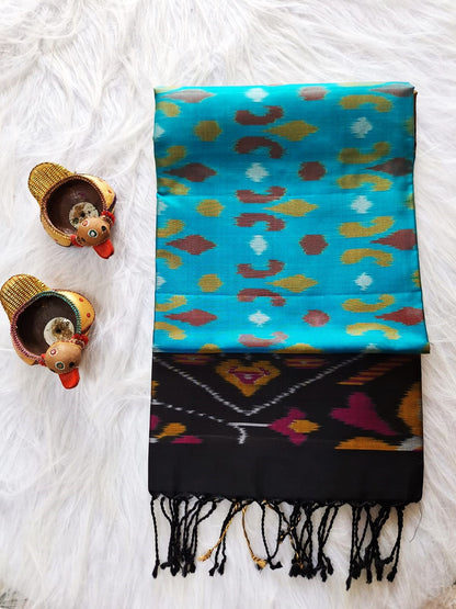 Pure Handloom Soft Silk - Blue-Black Pochampally Ikat pattern