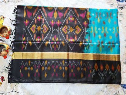Pure Handloom Soft Silk - Blue-Black Pochampally Ikat pattern