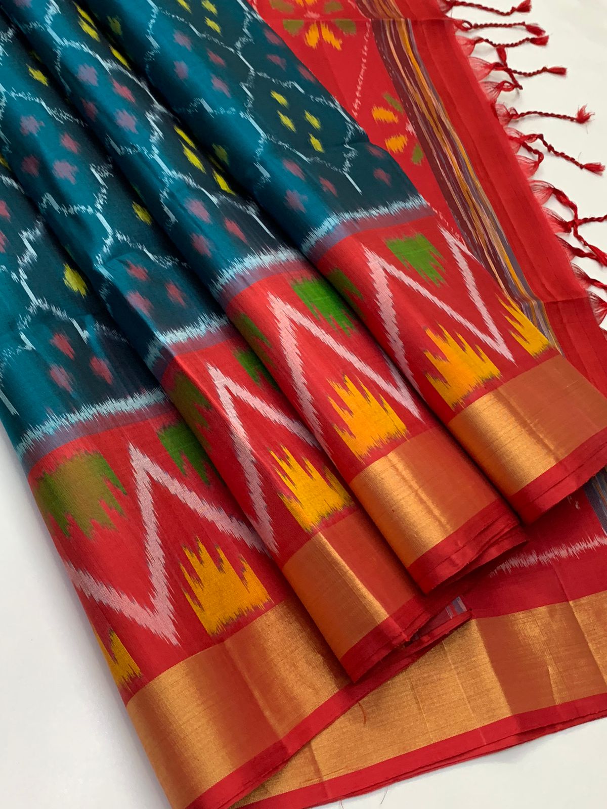 Pure Handloom Soft Silk - Teal Blue-Red Pochampally Ikat pattern