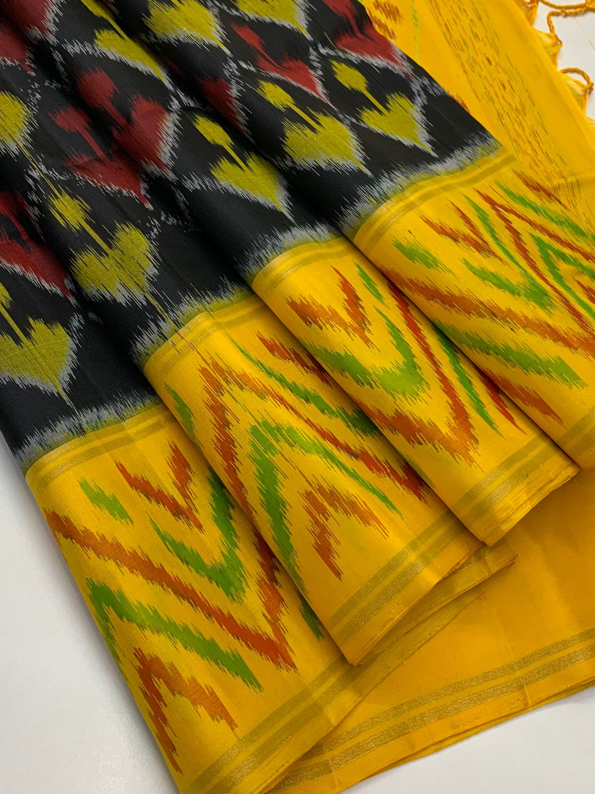 Pure Handloom Soft Silk - Black-Yellow  Pochampalli Ikkat print