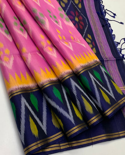 Pure Handloom Soft Silk-Baby Pink-Navy Blue Pochampally Ikat pattern