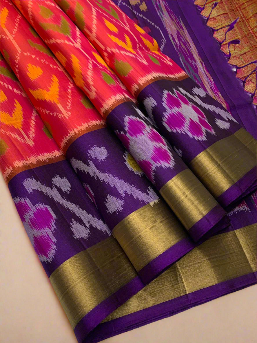 Pure Handloom Soft Silk - Orange-Purple Pochampally Ikat pattern