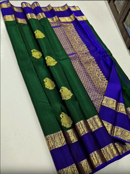 Pure Handloom Kanjeevaram - Green-Royal Blue Peacock Jhumka Motif