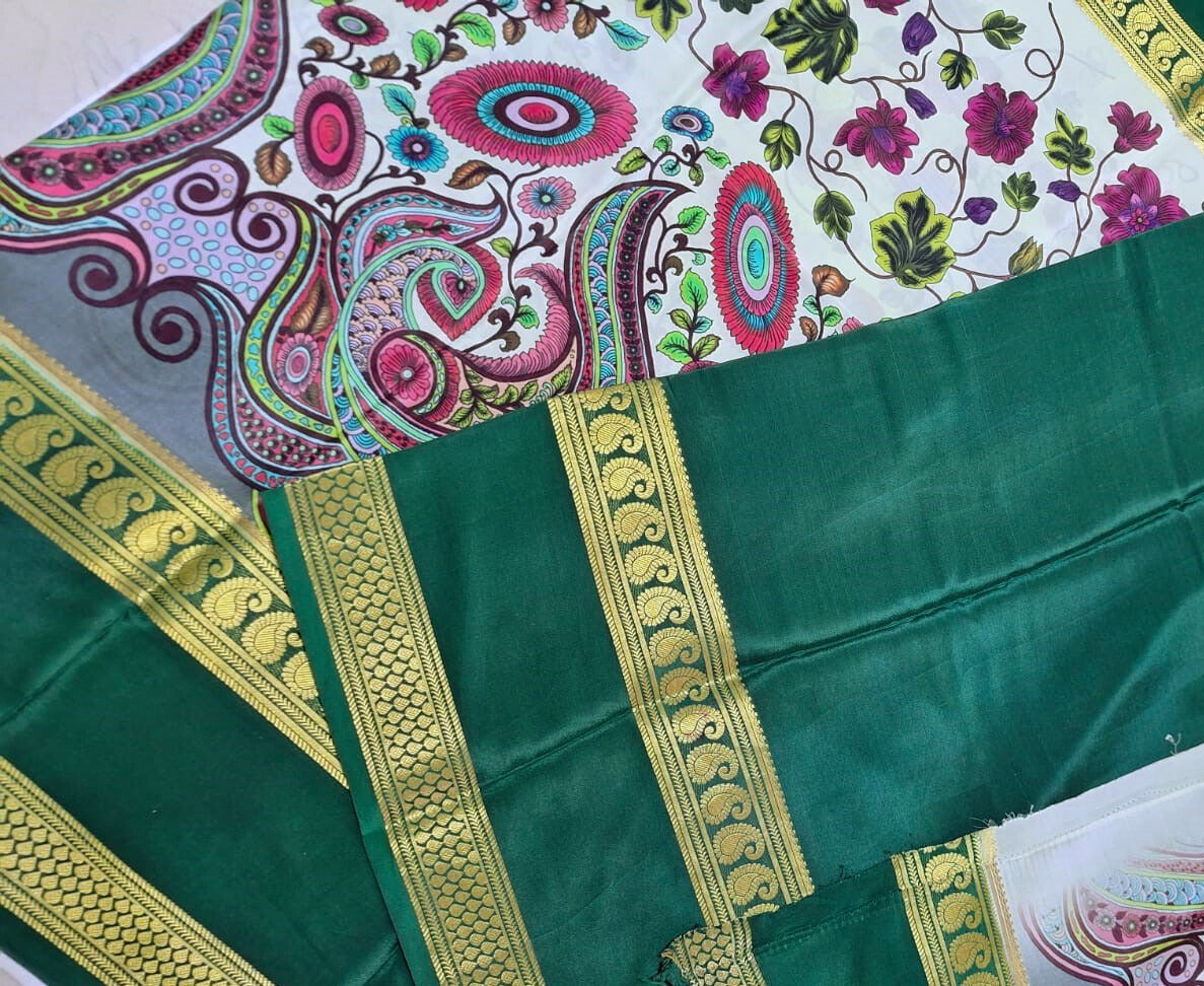 Pure Mysore Crepe Silk - Creme & Dark Green Flower Kalamkari