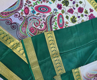 Pure Mysore Crepe Silk - Creme & Dark Green Flower Kalamkari