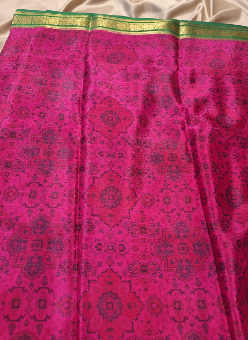 Pure Mysore Crepe Silk - Turmeric Yellow & Pink peacock floral Kalamkari