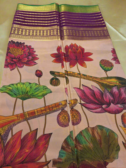 Pure Mysore Crepe Silk - Beige & Purple Sitar Lotus Kalamkari