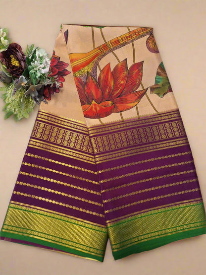 Pure Mysore Crepe Silk - Beige & Purple Sitar Lotus Kalamkari