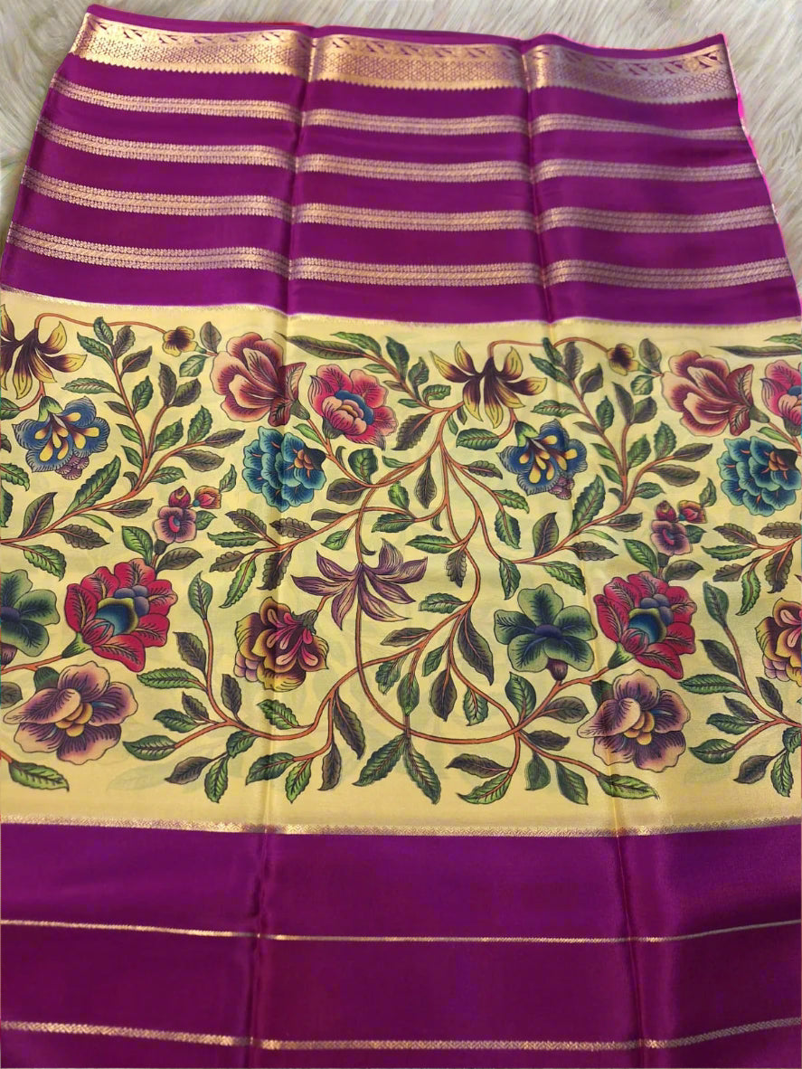 Pure Mysore Crepe Silk - Yellow & Purple Flowers Kalamkari