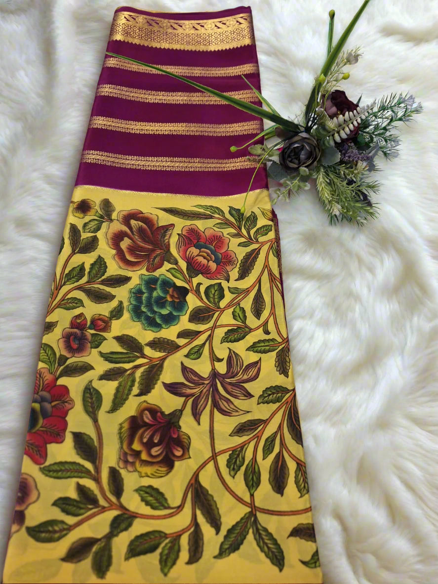 Pure Mysore Crepe Silk - Yellow & Purple Flowers Kalamkari