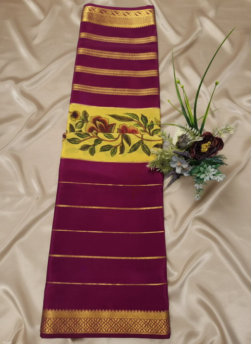 Pure Mysore Crepe Silk - Yellow & Purple Flowers Kalamkari