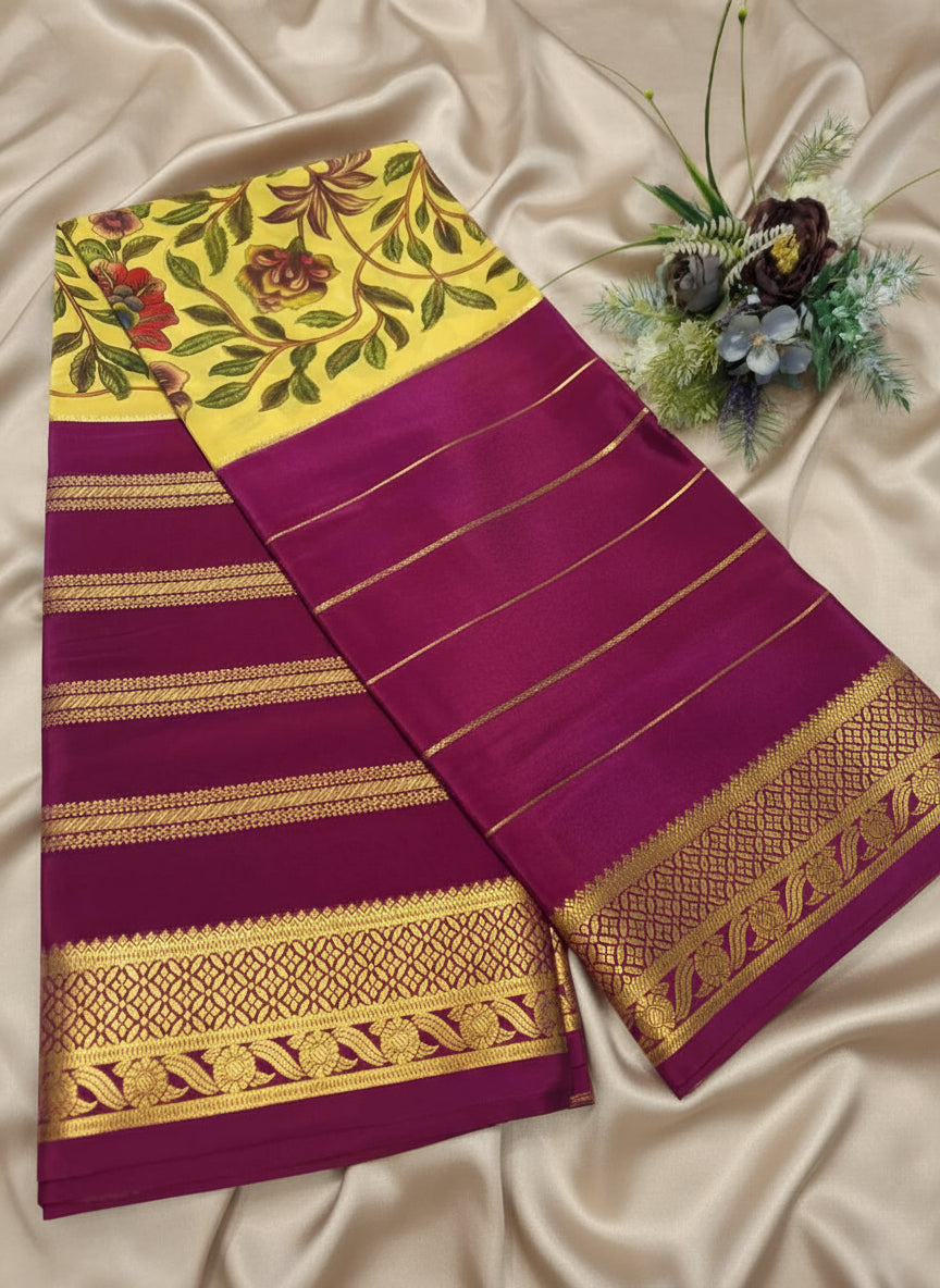Pure Mysore Crepe Silk - Yellow & Purple Flowers Kalamkari