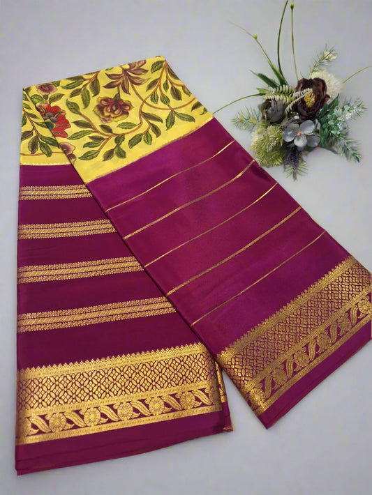 Pure Mysore Crepe Silk - Yellow & Purple Flowers Kalamkari