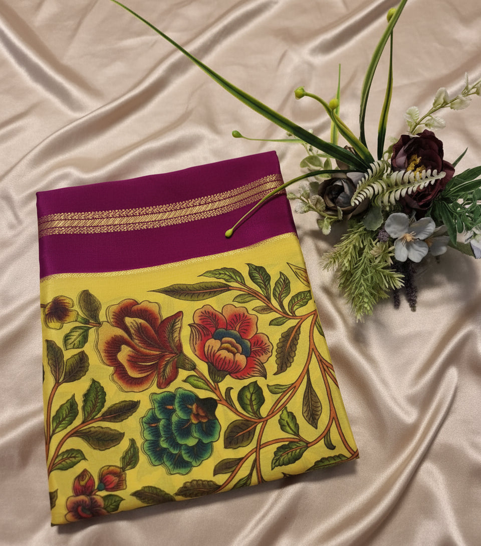 Pure Mysore Crepe Silk - Yellow & Purple Flowers Kalamkari