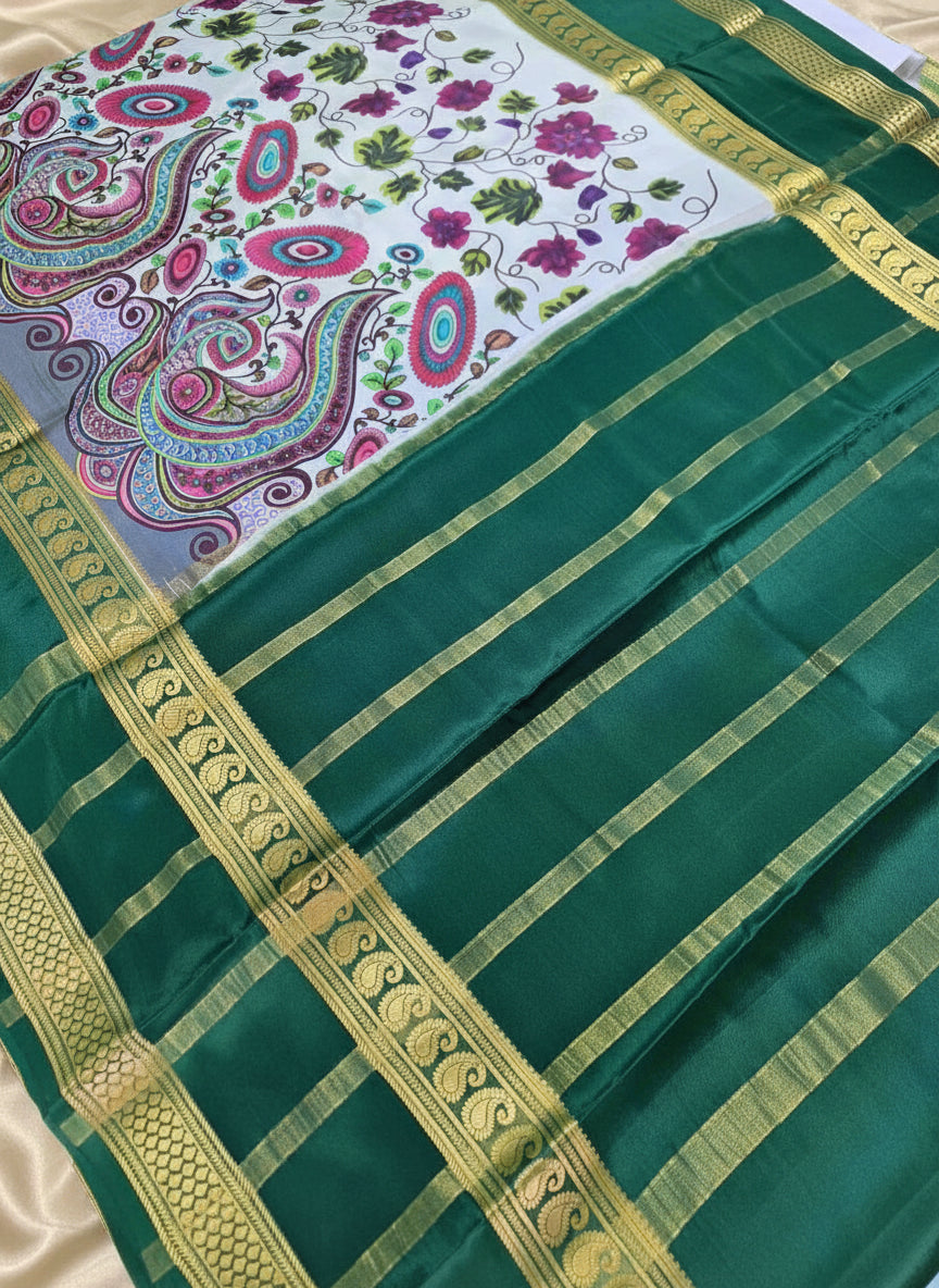Pure Mysore Crepe Silk - Creme & Dark Green Flower Kalamkari