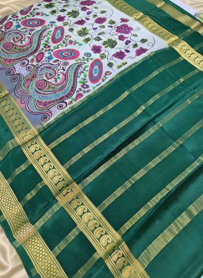 Pure Mysore Crepe Silk - Creme & Dark Green Flower Kalamkari