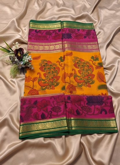 Pure Mysore Crepe Silk - Turmeric Yellow & Pink peacock floral Kalamkari