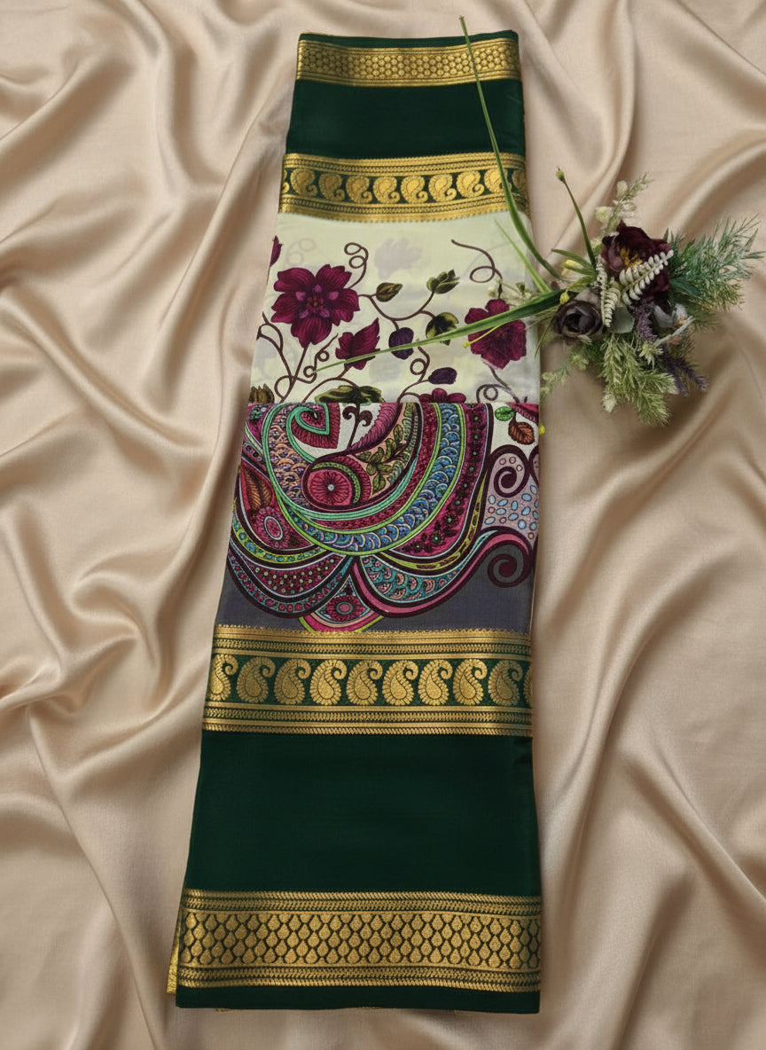 Pure Mysore Crepe Silk - Creme & Dark Green Flower Kalamkari