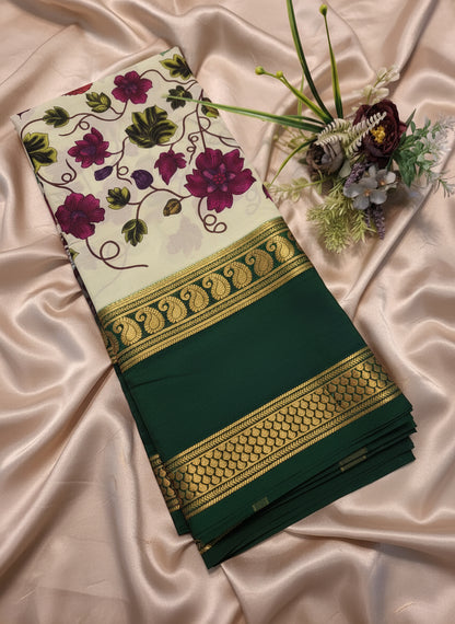 Pure Mysore Crepe Silk - Creme & Dark Green Flower Kalamkari