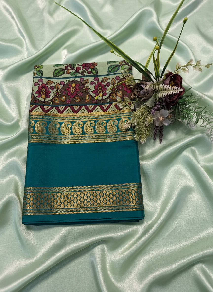 Pure Mysore Crepe Silk - Green & Teal Vertical Flower pattern Kalamkari