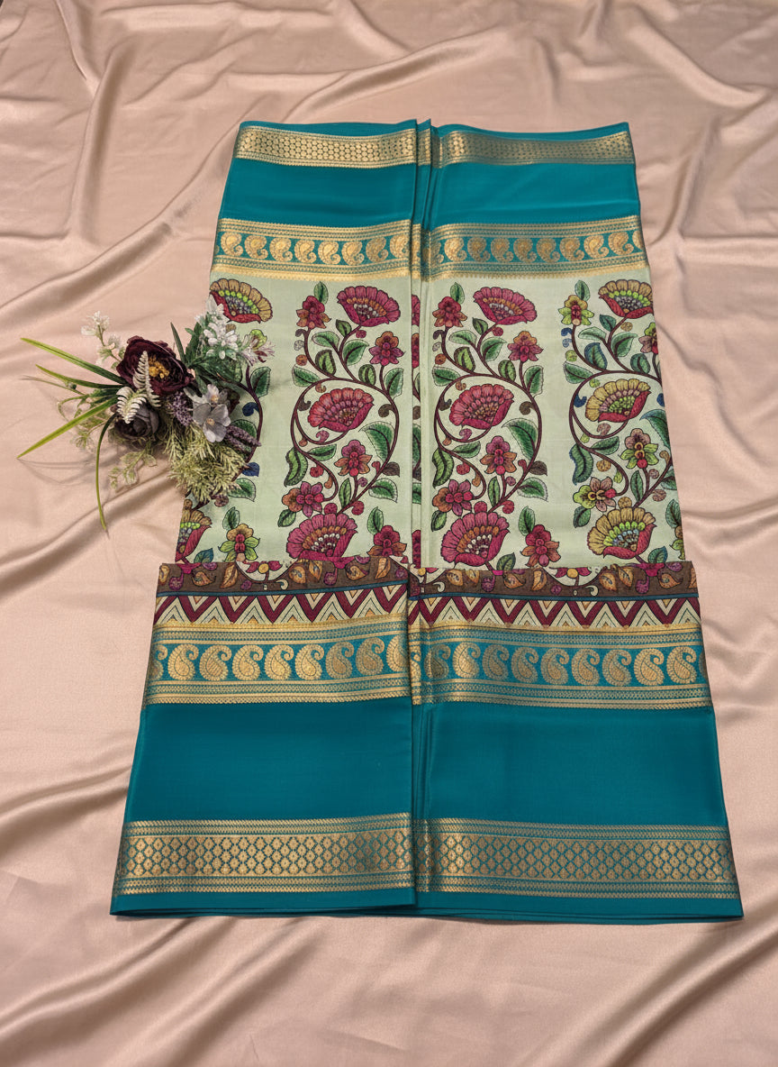 Pure Mysore Crepe Silk - Green & Teal Vertical Flower pattern Kalamkari