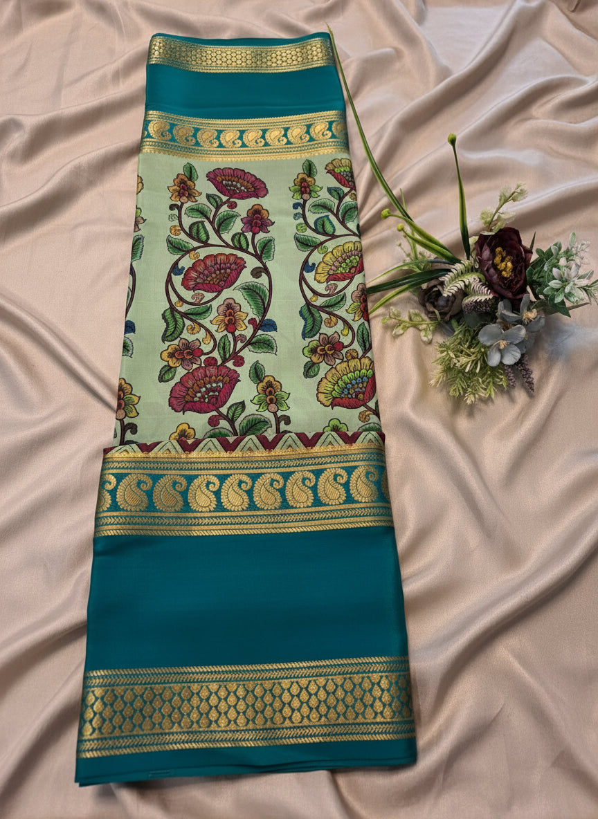 Pure Mysore Crepe Silk - Green & Teal Vertical Flower pattern Kalamkari