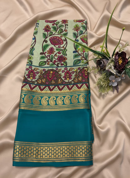 Pure Mysore Crepe Silk - Green & Teal Vertical Flower pattern Kalamkari