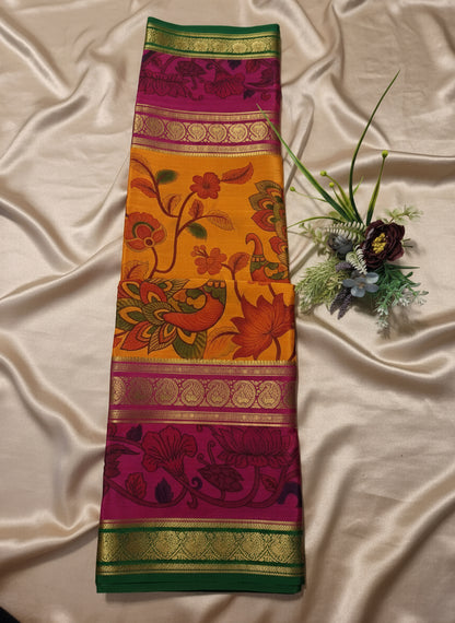 Pure Mysore Crepe Silk - Turmeric Yellow & Pink peacock floral Kalamkari