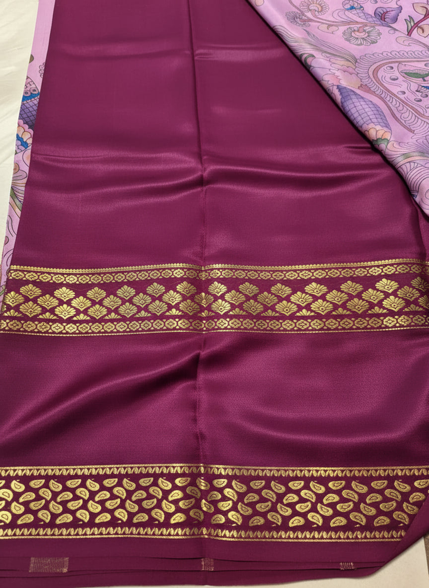 Pure Mysore Crepe Silk - Pink & Wine Matka Design Kalamkari