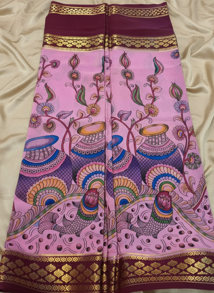 Pure Mysore Crepe Silk - Pink & Wine Matka Design Kalamkari