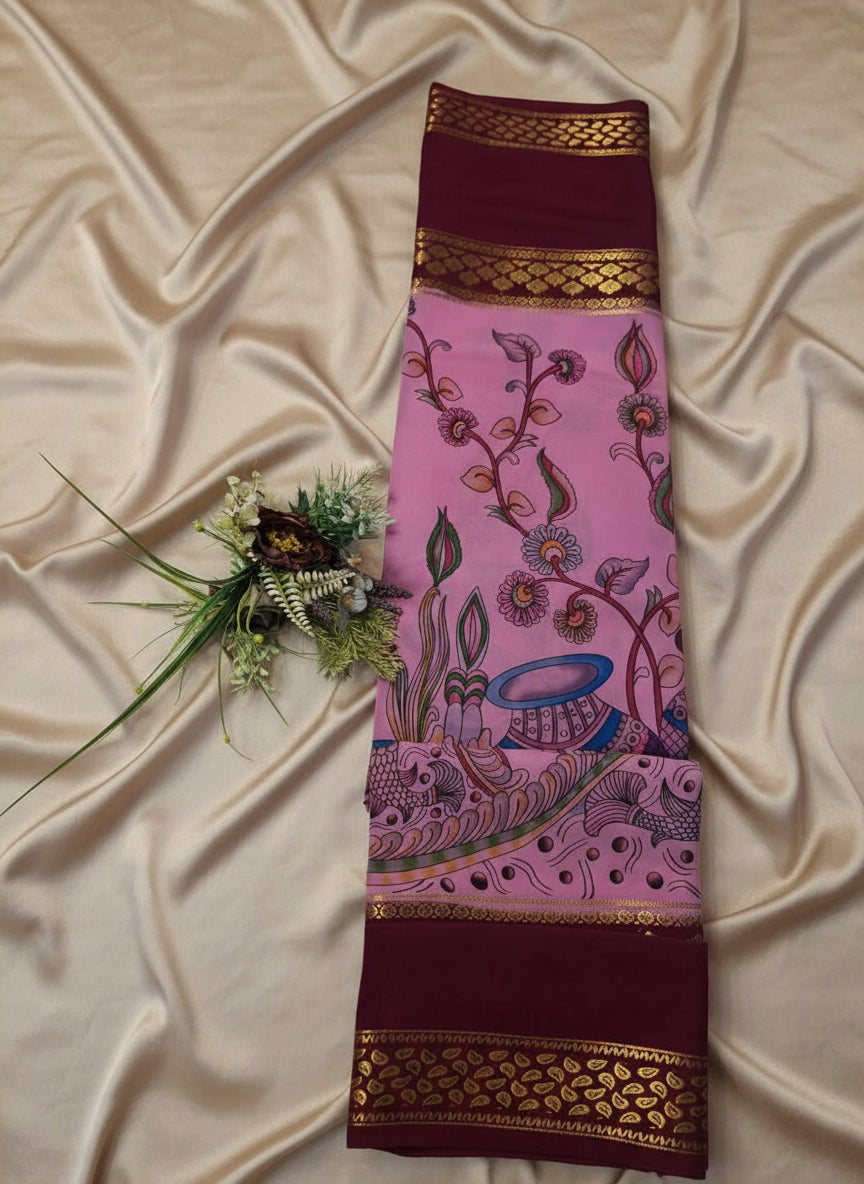 Pure Mysore Crepe Silk - Pink & Wine Matka Design Kalamkari