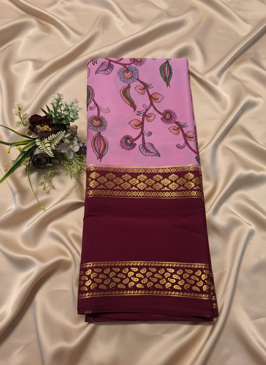 Pure Mysore Crepe Silk - Pink & Wine Matka Design Kalamkari