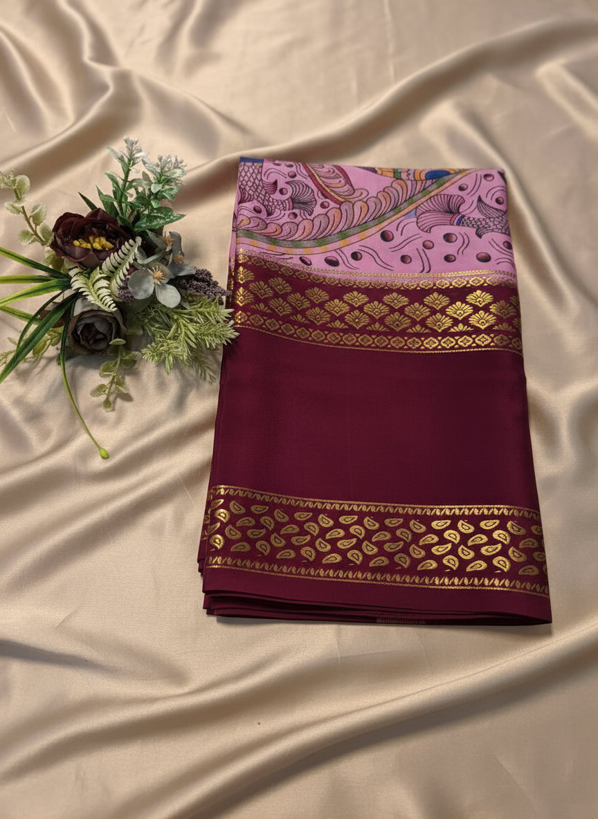 Pure Mysore Crepe Silk - Pink & Wine Matka Design Kalamkari