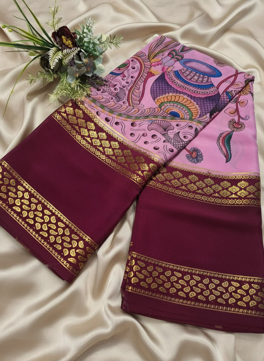 Pure Mysore Crepe Silk - Pink & Wine Matka Design Kalamkari