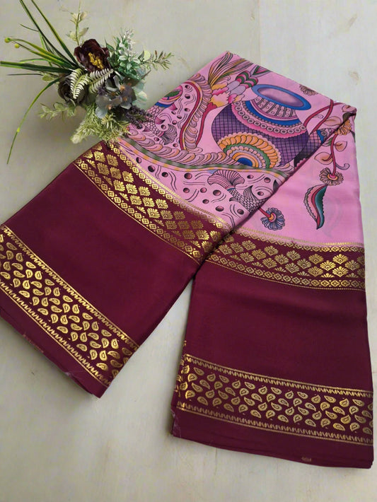 Pure Mysore Crepe Silk - Pink & Wine Matka Design Kalamkari