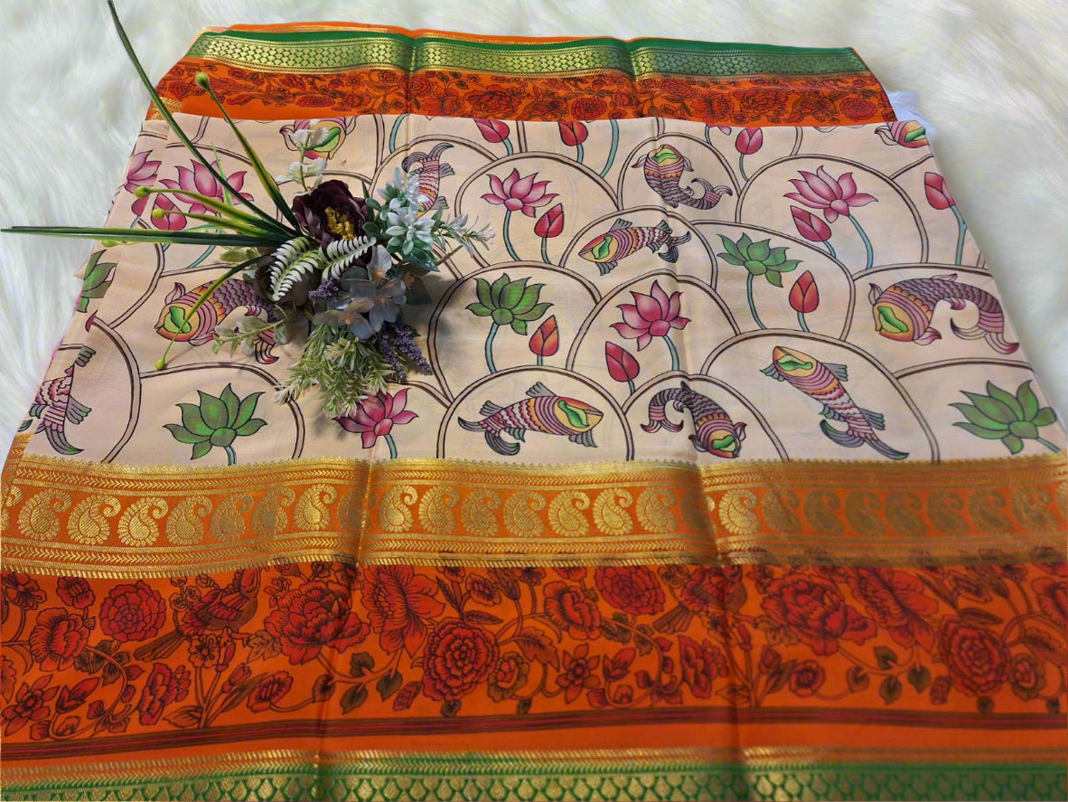 Pure Mysore Crepe Silk - Beige & Orange Fish Lotus Kalamkari