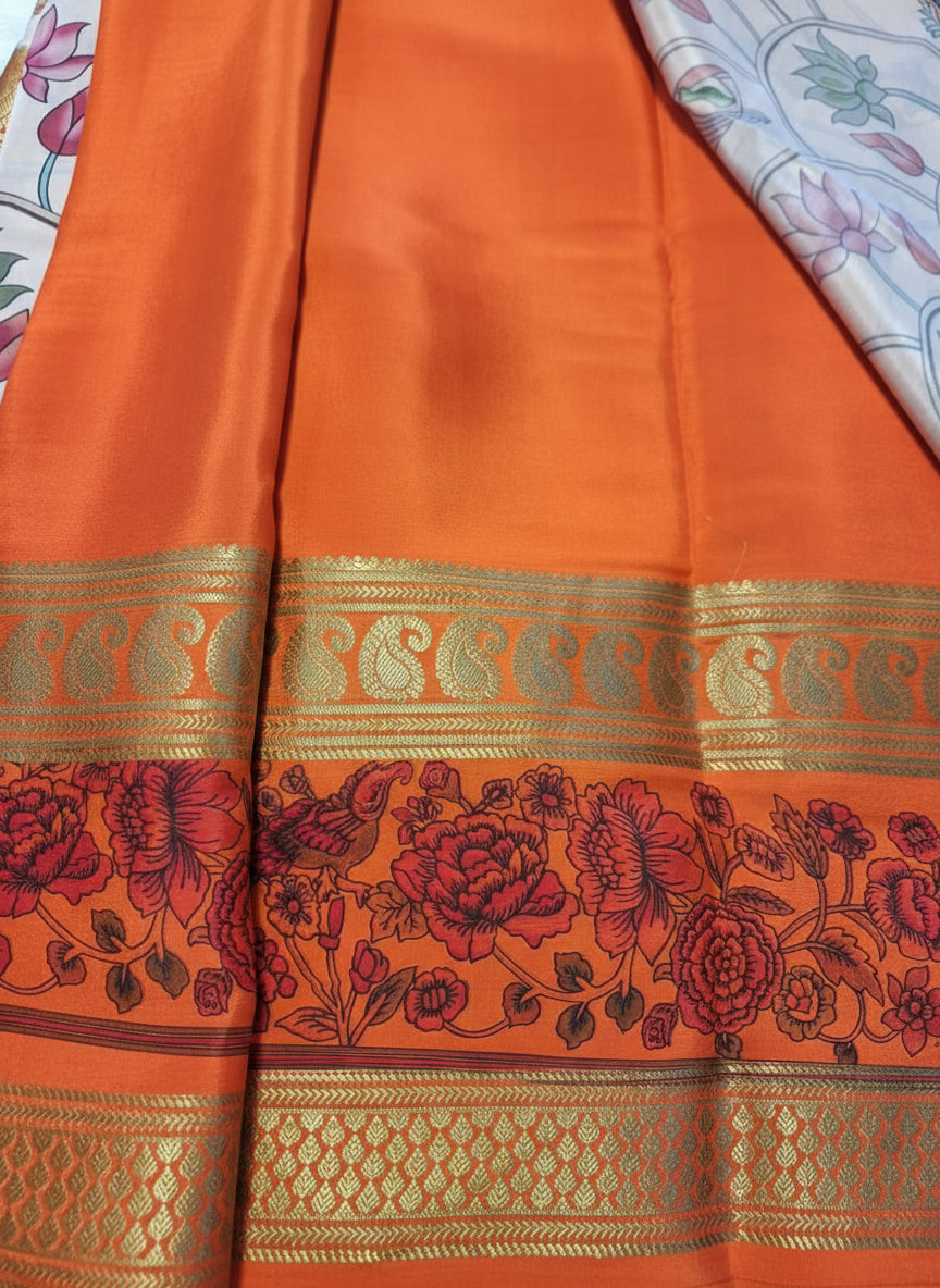 Pure Mysore Crepe Silk - Beige & Orange Fish Lotus Kalamkari