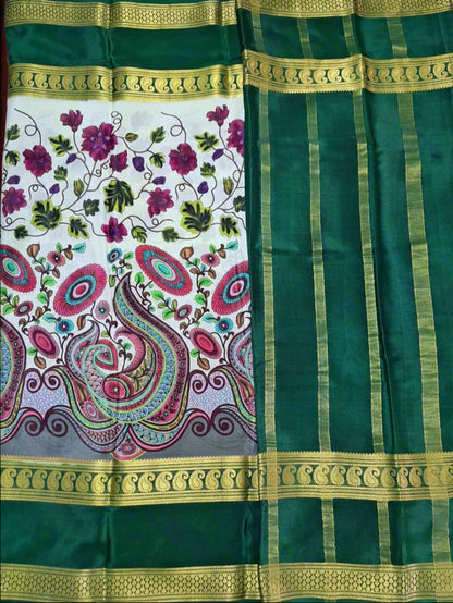 Pure Mysore Crepe Silk - Creme & Dark Green Flower Kalamkari