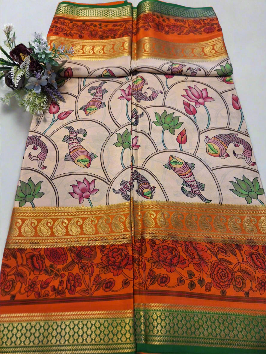Pure Mysore Crepe Silk - Beige & Orange Fish Lotus Kalamkari