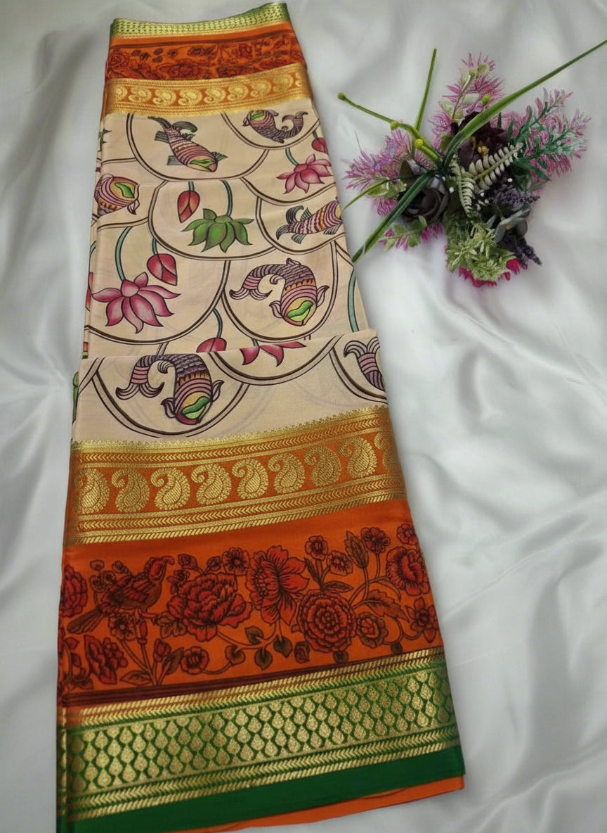Pure Mysore Crepe Silk - Beige & Orange Fish Lotus Kalamkari